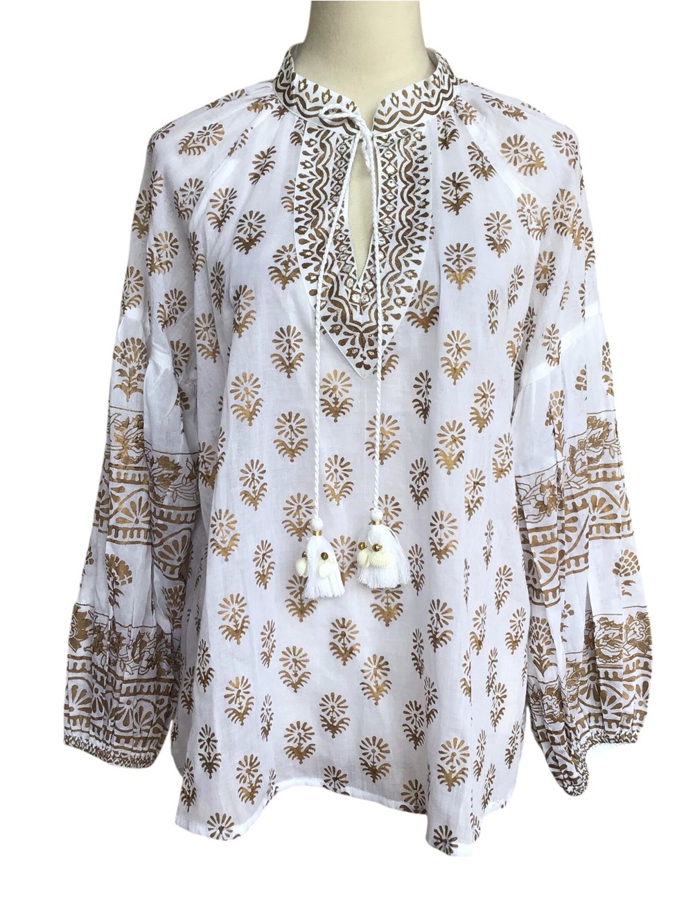 Bella Ty Block Print Cotton Tunic Blouse NEW